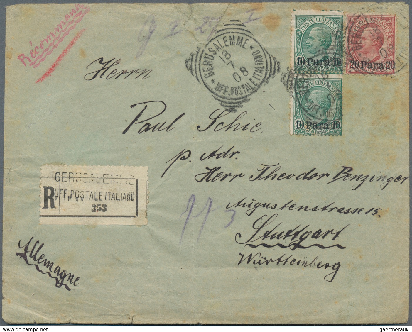 Holyland: 1908, Registered Cover Bearing Vertical Pair 10 Para On 5 C. Green And 20 Para On 10 C. Re - Palestina