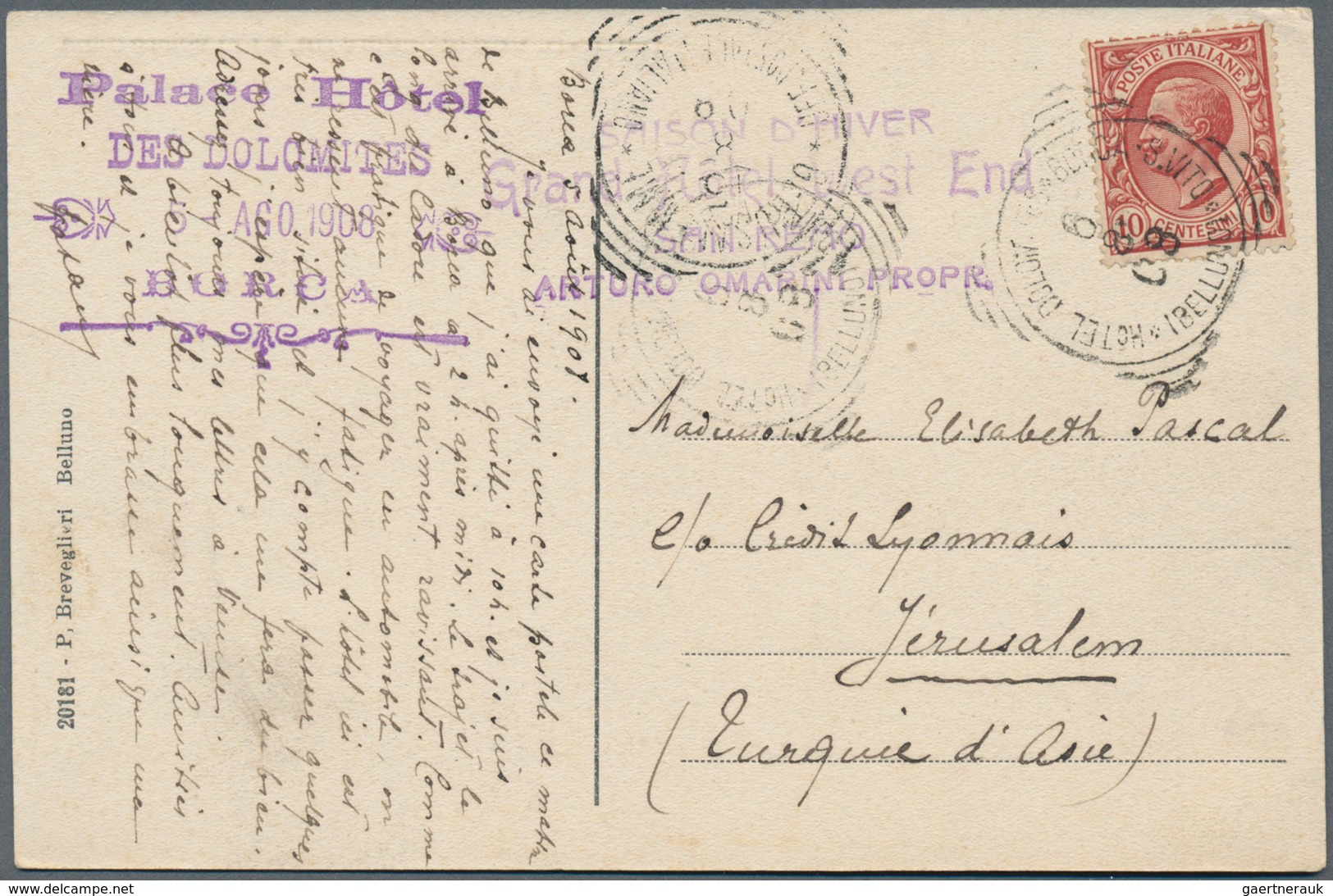 Holyland: 1908, "HOTEL DOLOMITES BORCA S. VITO (BELLUNO)" Cds. On Palace Hotel Postcard To Jerusalem - Palestina