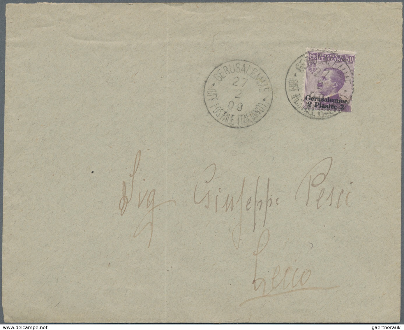 Holyland: 1909, Cover Bearing 2 Pia. On 50 C. Violet For Double Weight Tied By "GERUSALEMME 27/2/09 - Palestina