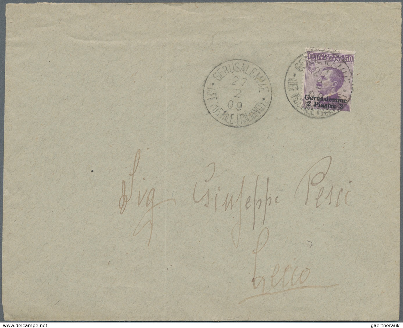 Holyland: 1909, Cover Bearing 2 Pia. On 50 C. Violet For Double Weight Tied By "GERUSALEMME 27/2/09 - Palestine