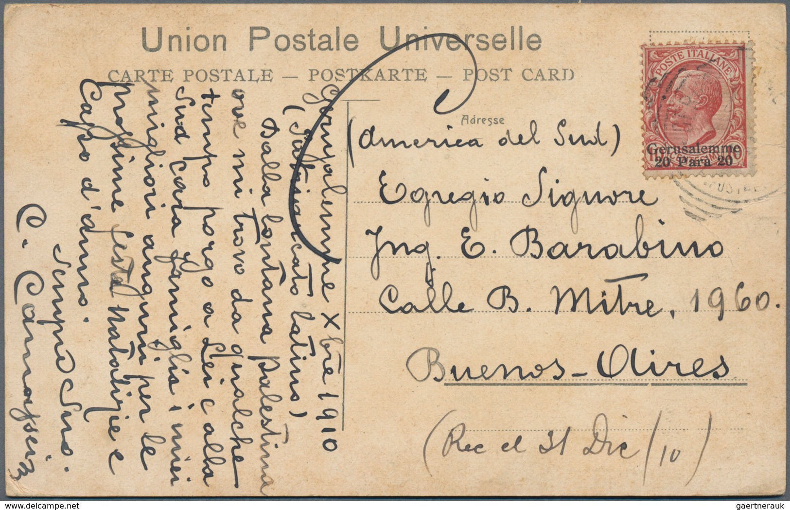 Holyland: 1910, Postcard Bearing 20 Para On 10c. Carmine Gerusalemme Issue Tied By Poor Gerusalemme - Palästina