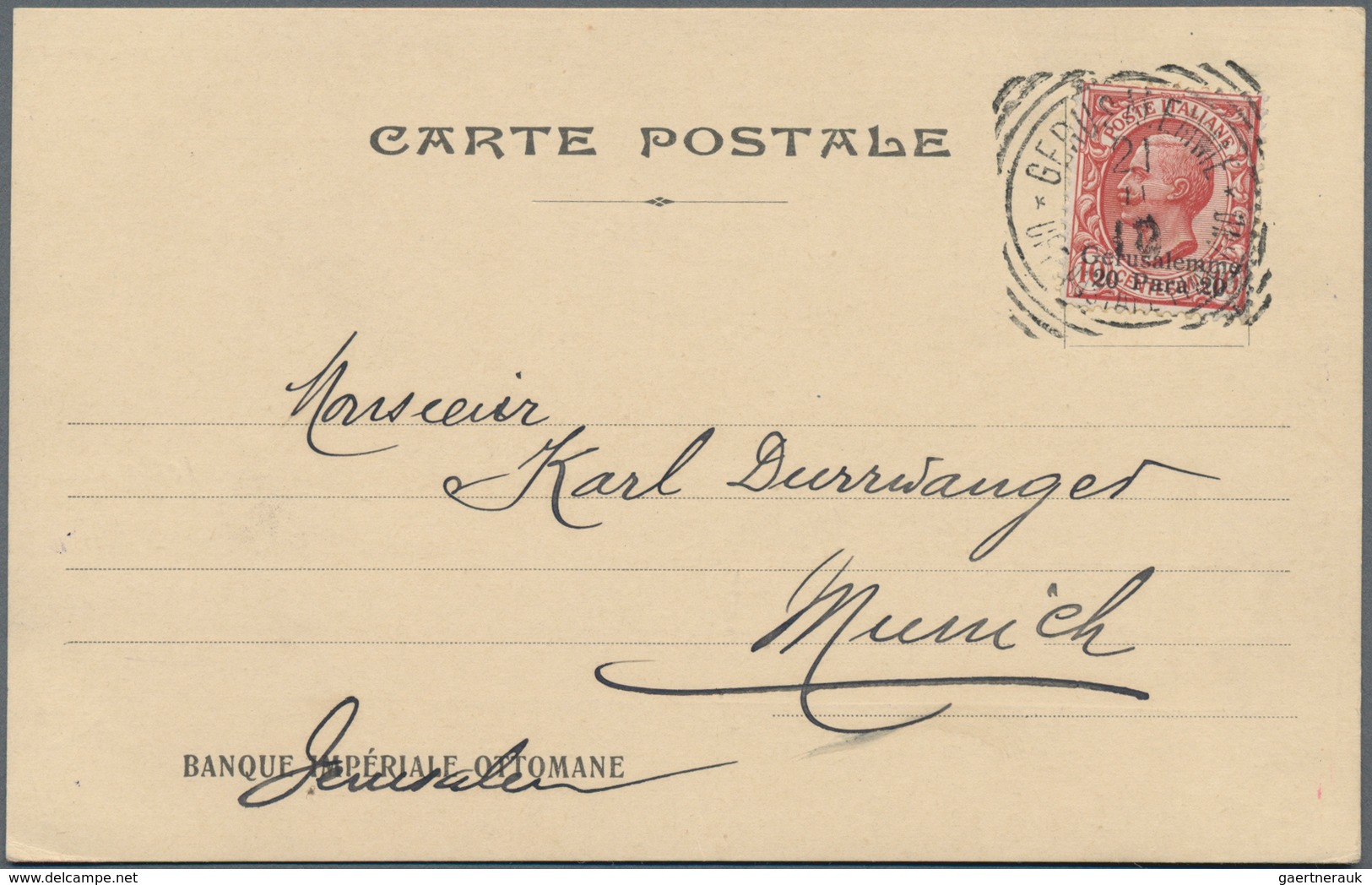 Holyland: 1910, Banque Imperial Ottomane Imprint Postcard Bearing 20 Para On 10c. Carmine Gerusalemm - Palästina