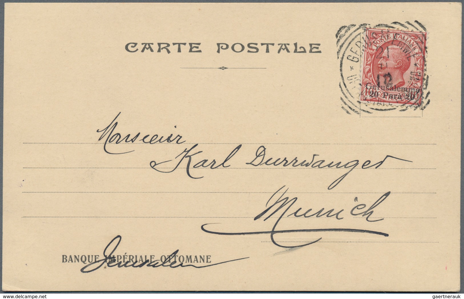 Holyland: 1910, Banque Imperial Ottomane Imprint Postcard Bearing 20 Para On 10c. Carmine Gerusalemm - Palestine