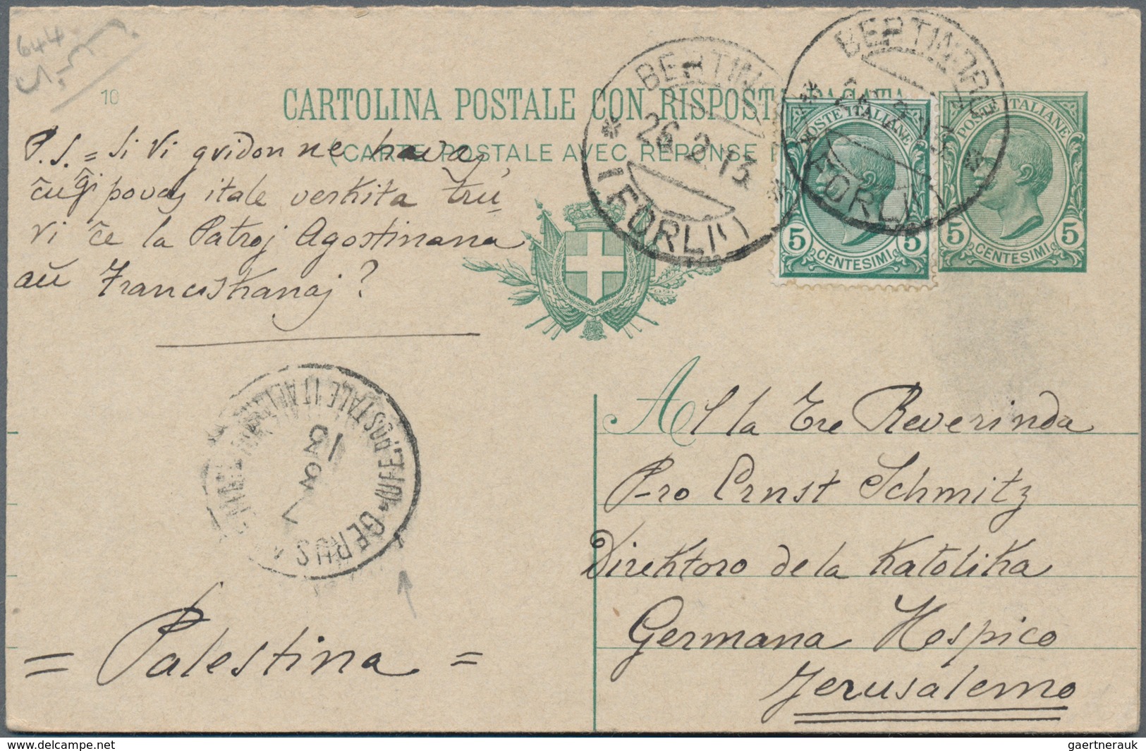 Holyland: 1913, Italy Postal Stationery Reply Card 5c. Green + 10c. Red Used Uprated With 5 C. Green - Palestina