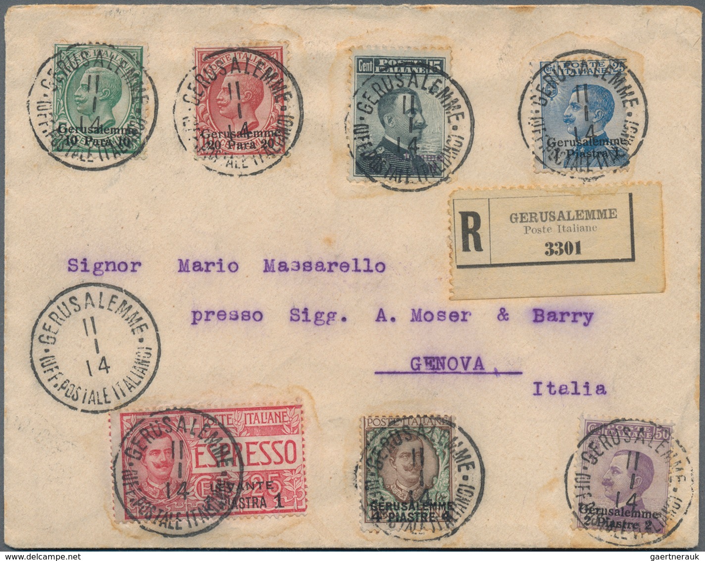 Holyland: 1914, Registered Express Cover Bearing Six Values Mixed Franking Jerusalem Issue And Levan - Palestine