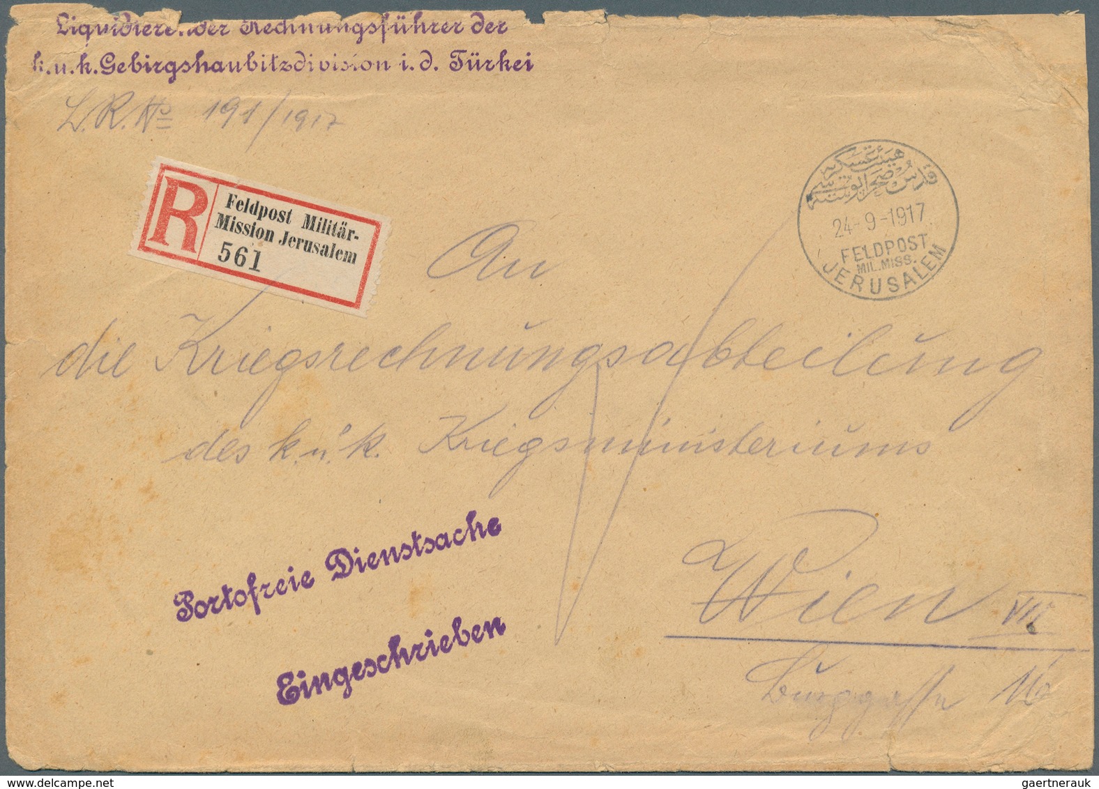 Holyland: 1917, Registered Cover "Portofreie Dienstsache" From "JERUSALEM FELDPOST MIL.MISSION 24.9. - Palästina