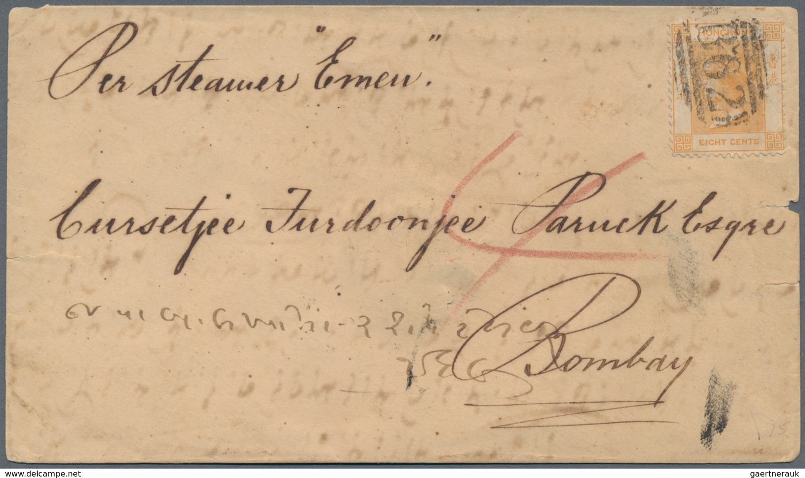 Hongkong: 1865, QV 8 C. Orange Single Frank Canc. "B62" On Cover Endorsed "PEr Steamer Emen" To Bomb - Sonstige & Ohne Zuordnung