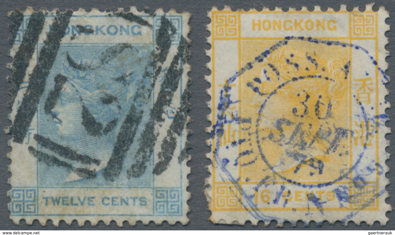 Hongkong: 1865/77, QV 12 C. Light Blue Canc. "S2" Of Shanghai And 16 C. Yellow Canc. Blue "POSS. ANG - Andere & Zonder Classificatie