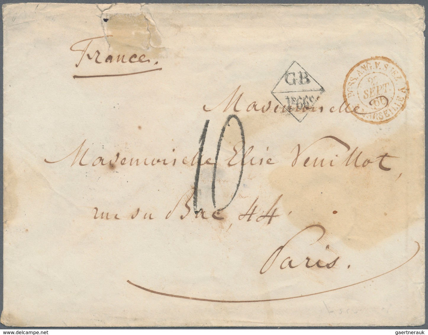 Hongkong: 1866. Stamp-less Envelope (roughly Opened And Spotted) Addressed To France With Hong Kong - Andere & Zonder Classificatie