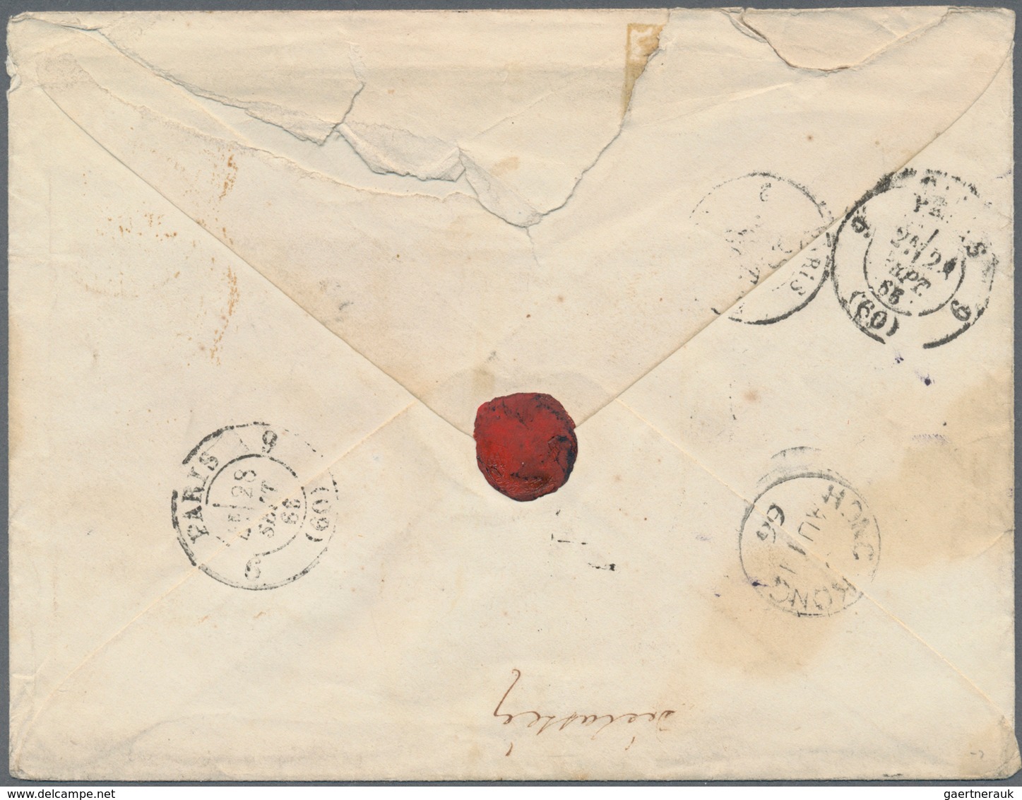 Hongkong: 1866. Stamp-less Envelope (roughly Opened And Spotted) Addressed To France With Hong Kong - Sonstige & Ohne Zuordnung