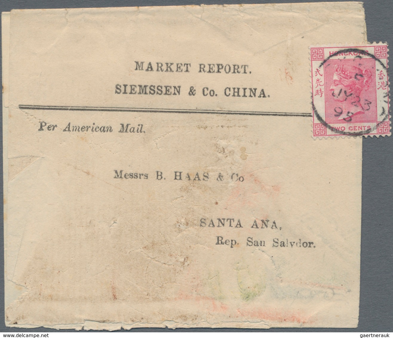 Hongkong: 1895, Wrapper To San Salvador/Central America: QV 2 C. Rosine Canc. "HONG KON E JY 23 95" - Andere & Zonder Classificatie