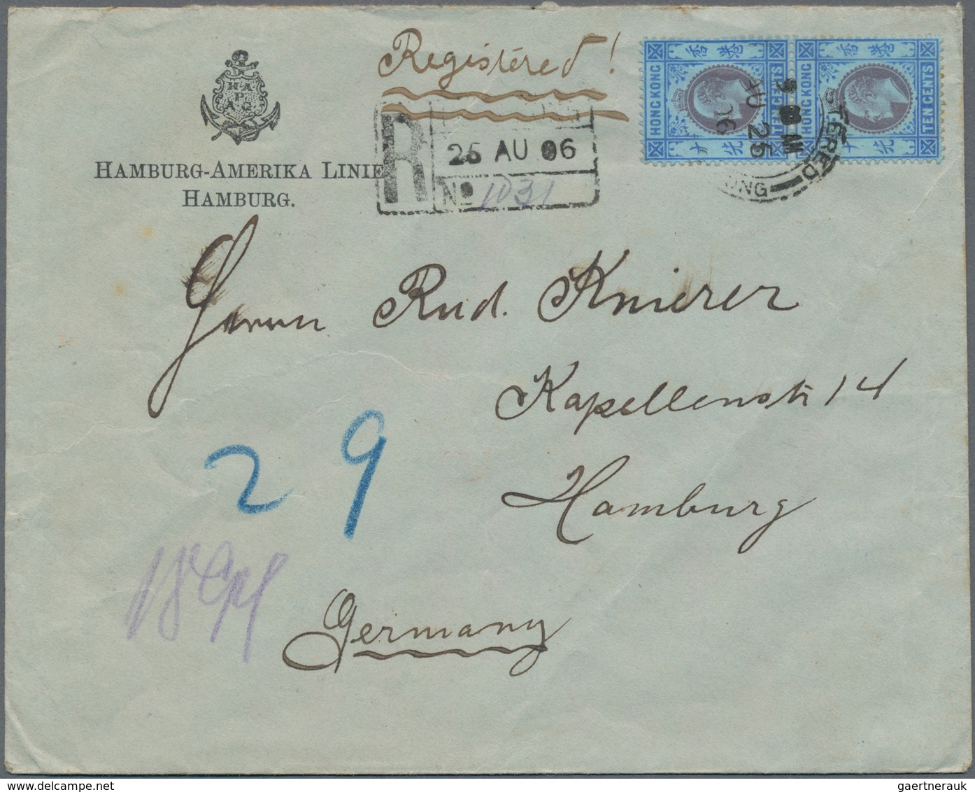 Hongkong: 1902/06: KEVII 10 C. (pair) Tied "REGISTERED (HONG) KONG AU 26 06" To Reg. Cover To Hambur - Sonstige & Ohne Zuordnung