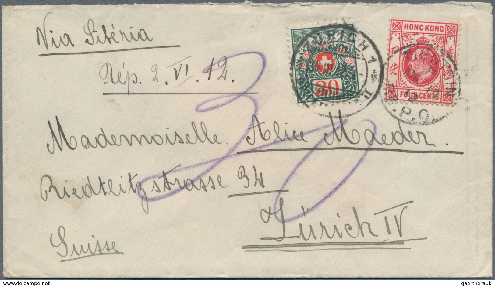 Hongkong: 1907, KEVII 4 C. Scarlet Tied "TIENTSIN B.P.O. F MR 13 12" To Cover Via Siberia To Switzer - Sonstige & Ohne Zuordnung