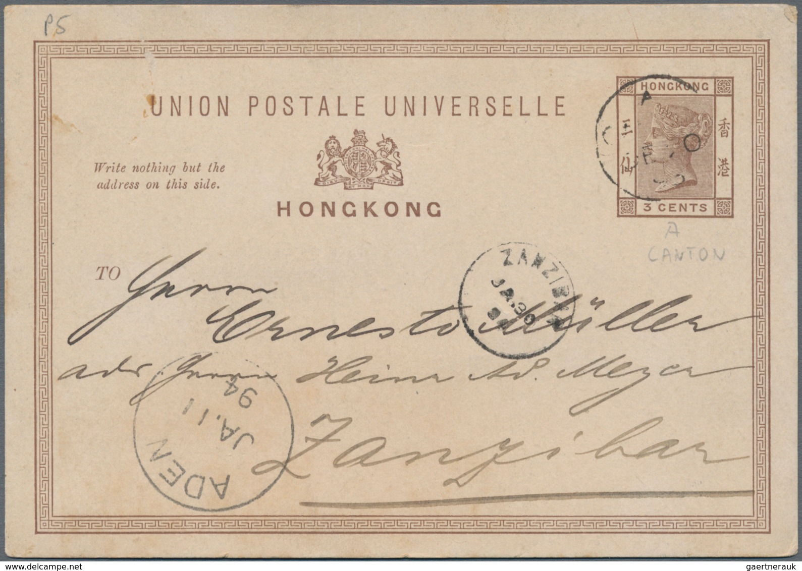 Hongkong - Treaty Ports: Canton, 1894, To Zanzibar/East Africa: Stationery Card QV 3 C. Canc.light " - Andere & Zonder Classificatie