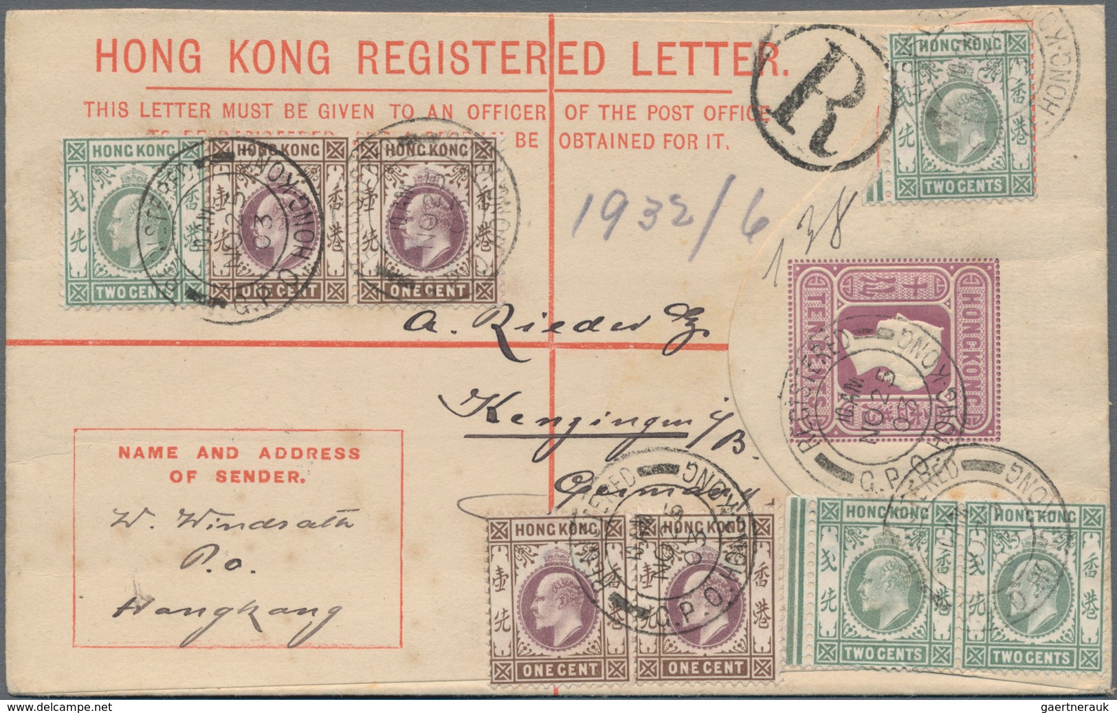 Hongkong - Ganzsachen: 1902, Registration Envelope QV 10 C. Uprated KEVII 1 C. (3), 2 C. (4 Inc. Mar - Ganzsachen