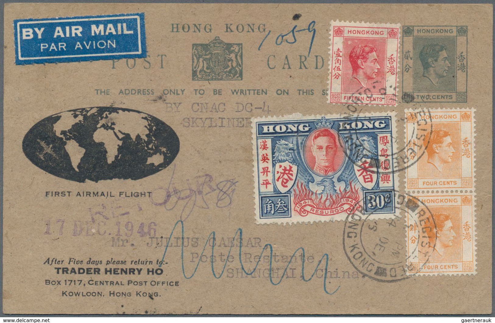 Hongkong - Ganzsachen: 1946, Card KGVI 2 C.uprated KGVI 4 C. Pair, 15 C. With Victory 30 C. Canc. "R - Ganzsachen