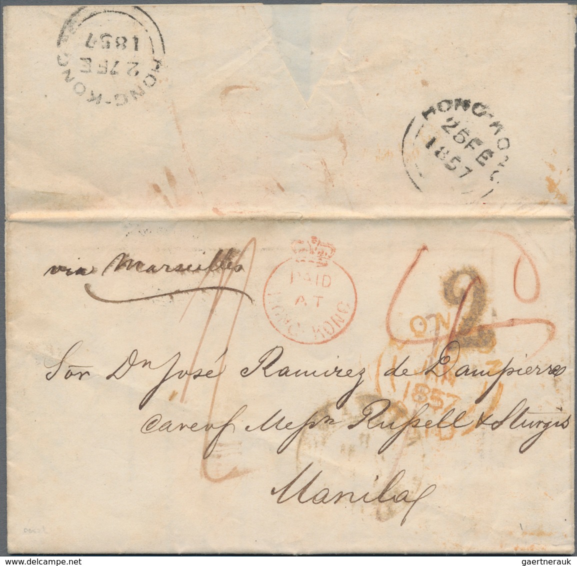 Hongkong - Besonderheiten: 1857, Vermillion Crowned Circle "PAID AT HONG KONG" W. "HONG KONG 25 FEB - Sonstige & Ohne Zuordnung