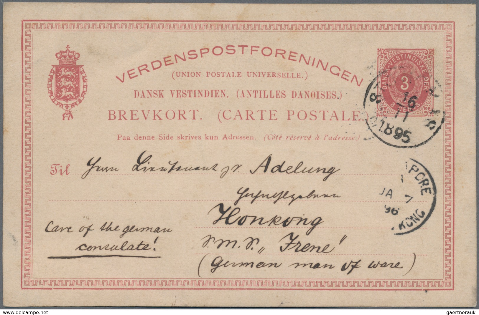 Hongkong - Besonderheiten: Incoming Mail, 1895, Danish West Indies, UPU Card 3 C. Canc. "ST. THOMAS - Sonstige & Ohne Zuordnung