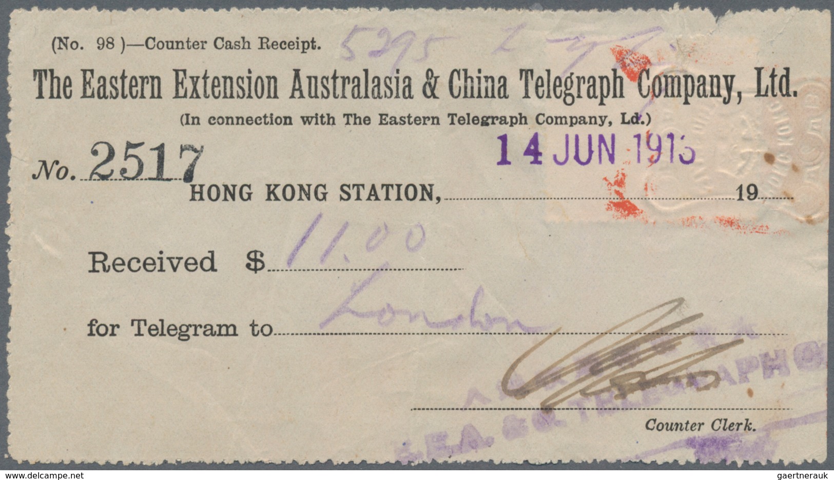 Hongkong - Besonderheiten: 1913, Fiscal KGV Tied Intaglio Crowned "STAMP DUTY" To Reverse Of Telegra - Andere & Zonder Classificatie