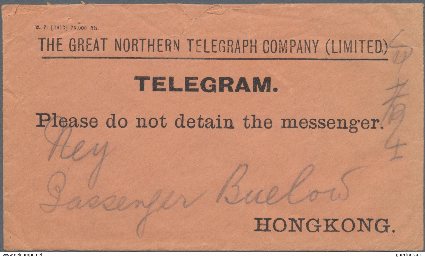 Hongkong - Besonderheiten: 1914, Telegram Envelope By Great Northern Telegraph Co. With Full Message - Other & Unclassified