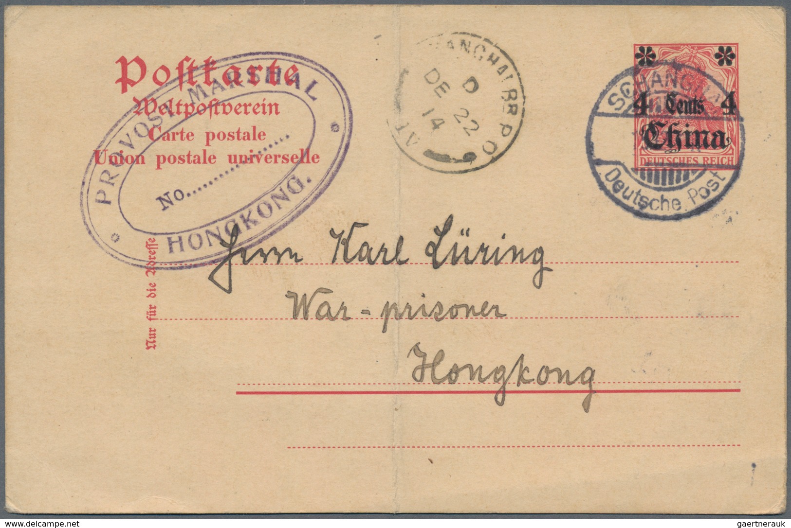 Hongkong - Besonderheiten: 1914, Violet Oval "PROVOST MARSHAL / HONG KONG" Censor Mark On Incoming S - Andere & Zonder Classificatie