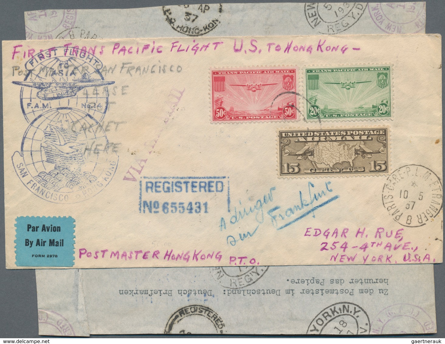 Hongkong - Besonderheiten: 1937, FFC Panam US Via Pacific Clipper To Hong Kong, Then Fwd. Via Hong K - Other & Unclassified