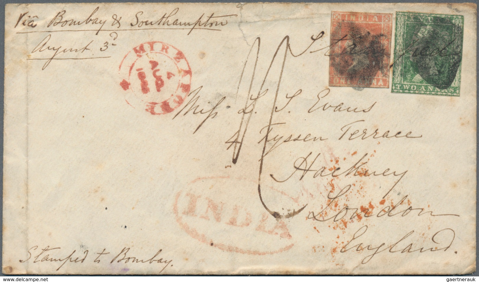 Indien: 1854 Litho 1a. Dull Red And Typo 2a. Green Used On Small Cover From Myrzapore To London 'Via - Sonstige & Ohne Zuordnung