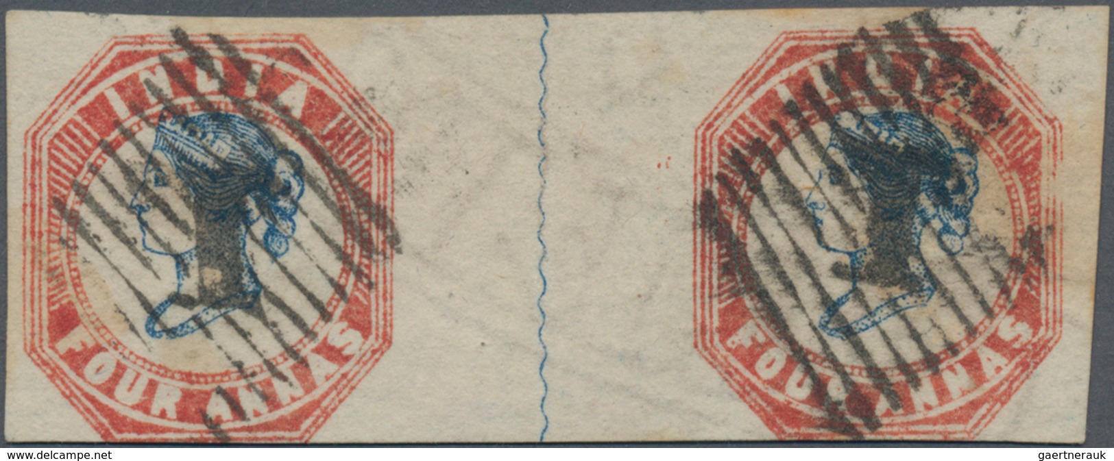 Indien: 1854 Lithographed 4a. Blue & Red Horizontal Pair, Sheet Pos. 9+10 From 2nd Printing, Waterma - Andere & Zonder Classificatie