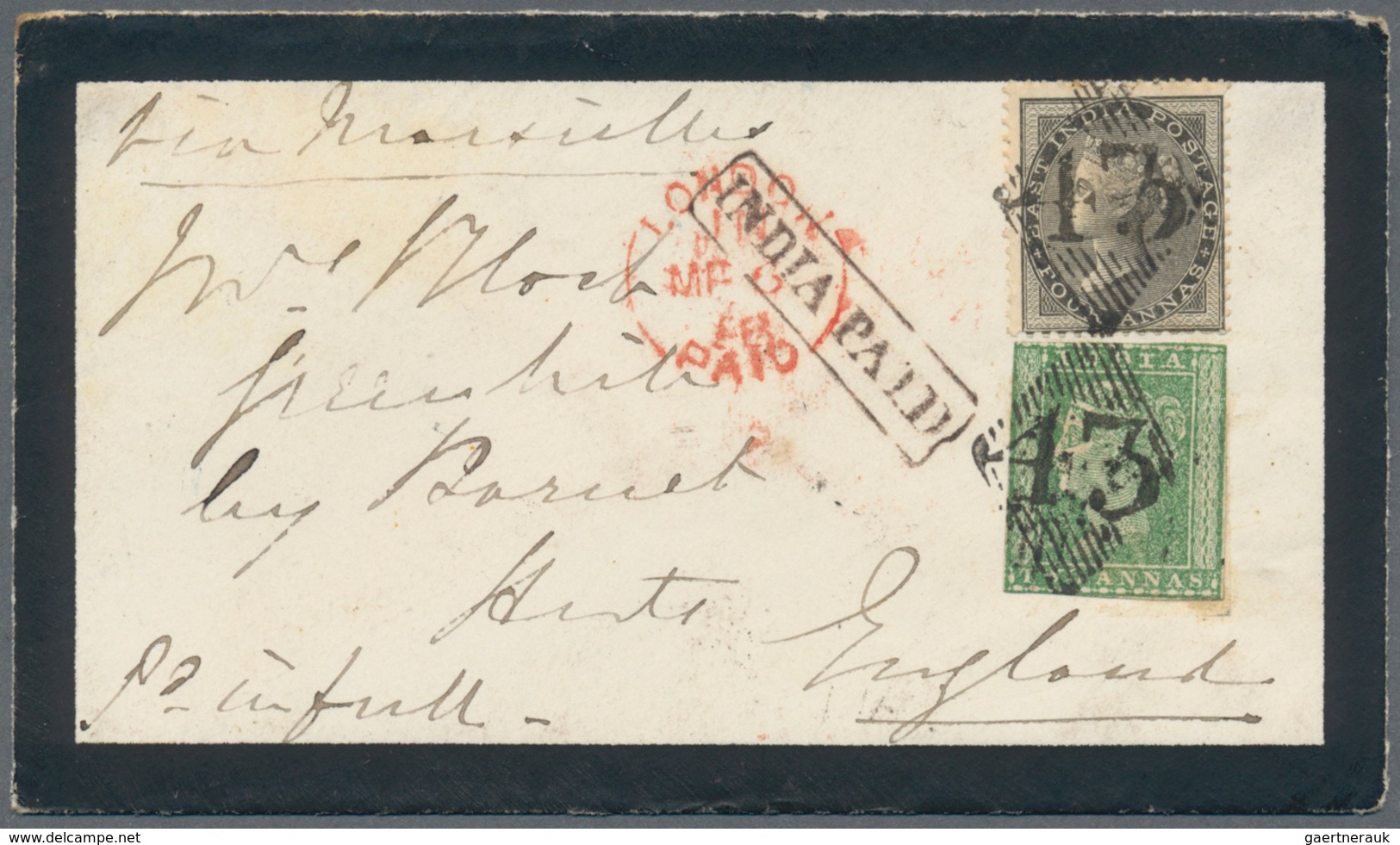 Indien: 1858 (1st Feb.): Mourning Cover From Mhow To England Via Marseilles Franked By 1854 2a. Gree - Andere & Zonder Classificatie