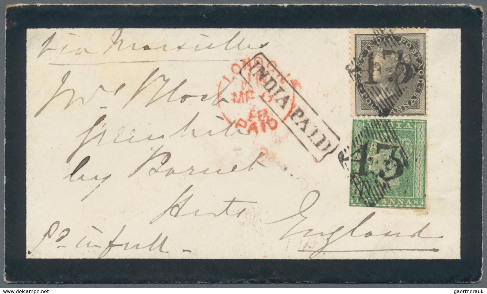 Indien: 1858 (1st Feb.): Mourning Cover From Mhow To England Via Marseilles Franked By 1854 2a. Gree - Other & Unclassified