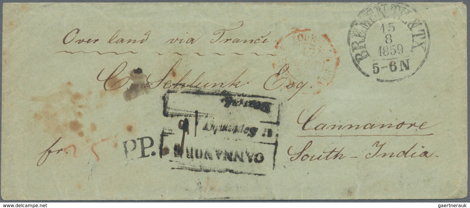 Indien: 1859 Cover From Bremen (T&T P.O.) To CANNANORE Per Overland Mail Via France, Bearing "BREMEN - Andere & Zonder Classificatie