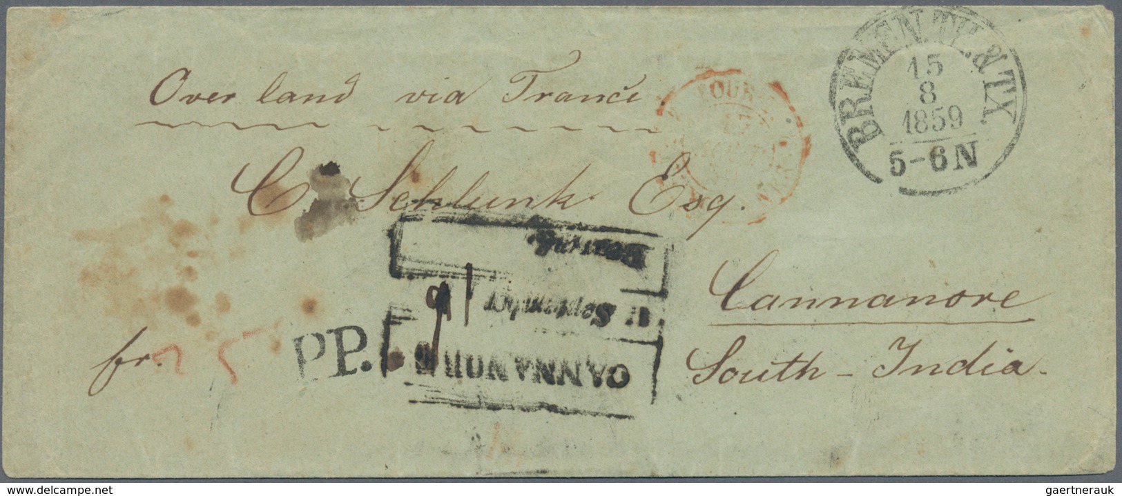 Indien: 1859 Cover From Bremen (T&T P.O.) To CANNANORE Per Overland Mail Via France, Bearing "BREMEN - Sonstige & Ohne Zuordnung