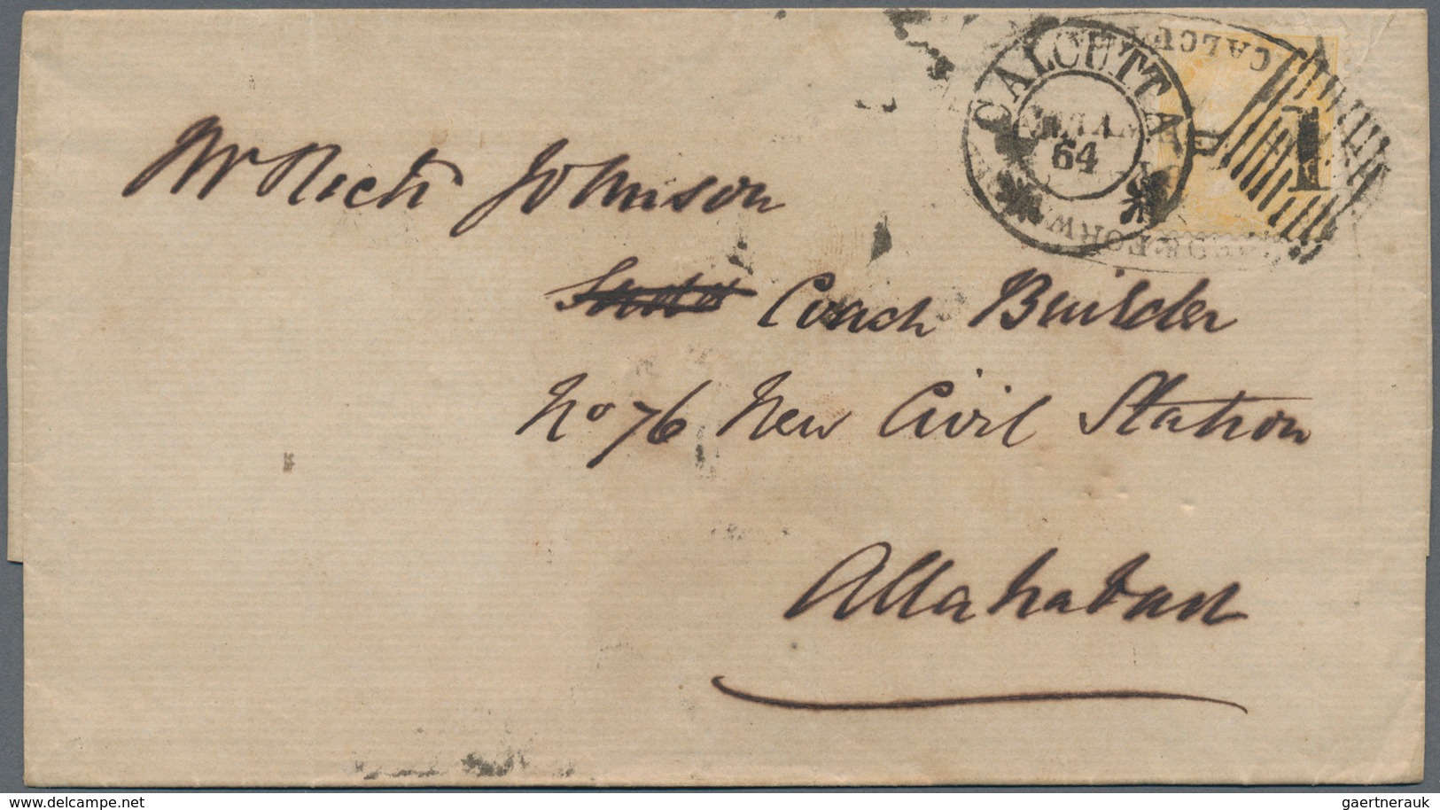 Indien: 1864 Forwarded Cover From Calcutta To Allahabad Franked By 1863 2a. Yellow (no Wmk) Tied By - Sonstige & Ohne Zuordnung