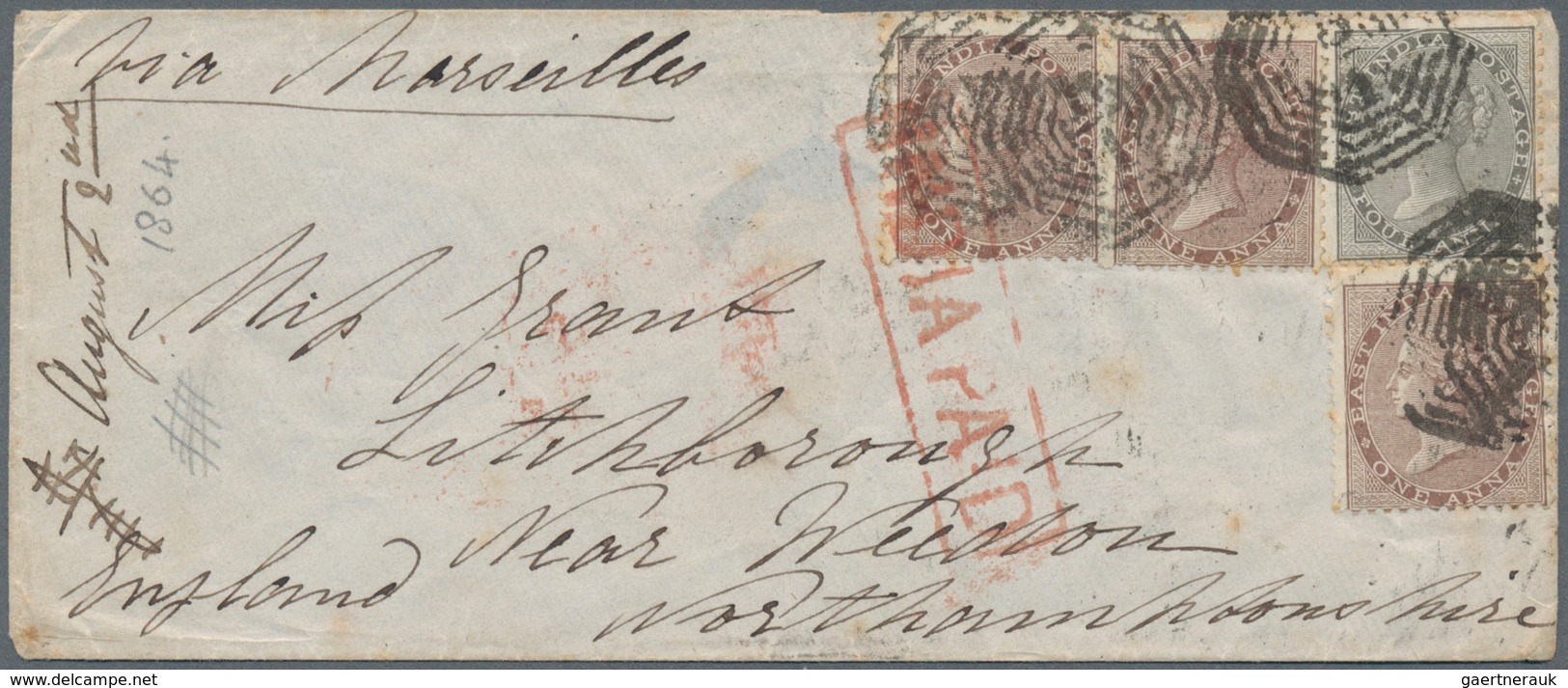 Indien: 1862/1872, five covers from a correspondence to Weedon, GB comprising two covers from AKYAB