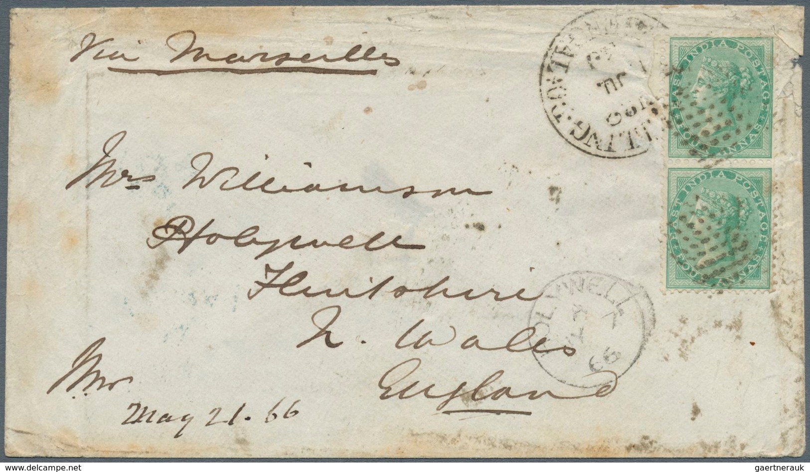Indien: 1865 QV 4a. Green, Wmk 'Elephant', Vertical Pair Used On 1866 Cover From Doobree To Hobywell - Sonstige & Ohne Zuordnung