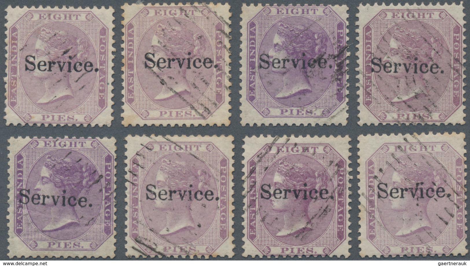 Indien: 1866 Eight Singles Of QV 8p. Optd. Small "Service.", With Various Colour Shades, All Used, F - Other & Unclassified