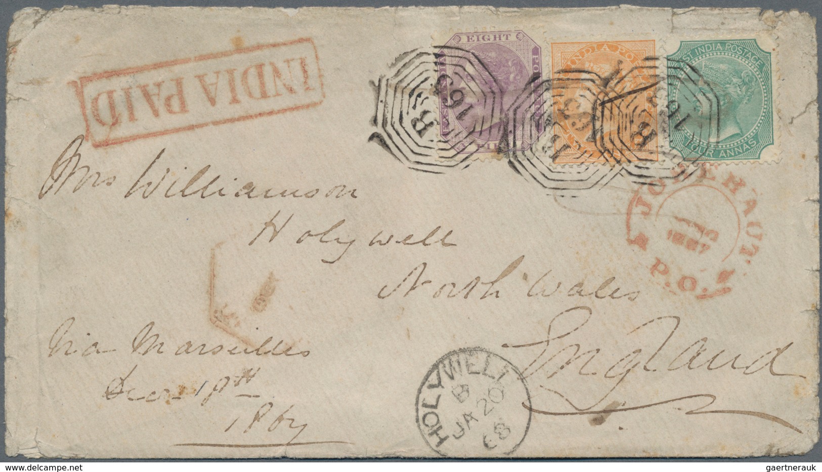 Indien: 1867 Cover From Jorehaut To Holywell, North Wales, England By Travelling P.O. And Via Bombay - Other & Unclassified