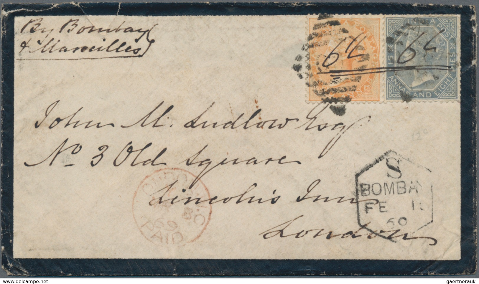 Indien: 1867 East India 6a.8p. Slate Used Along With 2a. Orange On Mourning Cover From Caicut Region - Andere & Zonder Classificatie