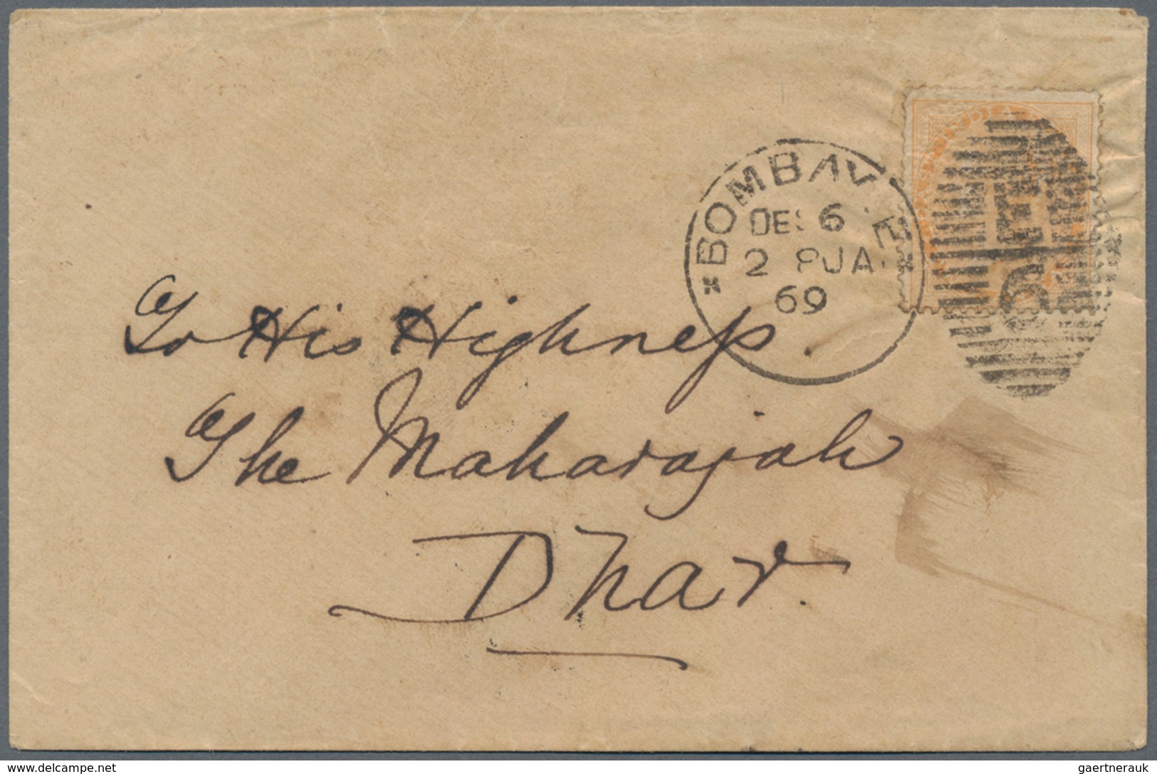 Indien: 1869 Cover From Mazagaon, Bombay Urban Office Addressed To "His Highness The Maharajah, DHAR - Andere & Zonder Classificatie