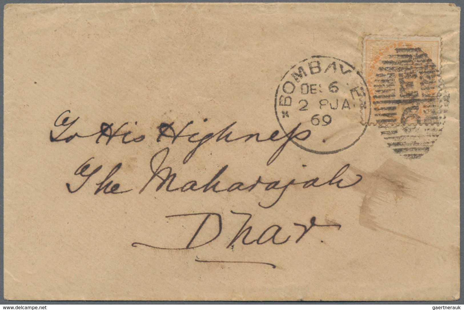 Indien: 1869 Cover From Mazagaon, Bombay Urban Office Addressed To "His Highness The Maharajah, DHAR - Sonstige & Ohne Zuordnung