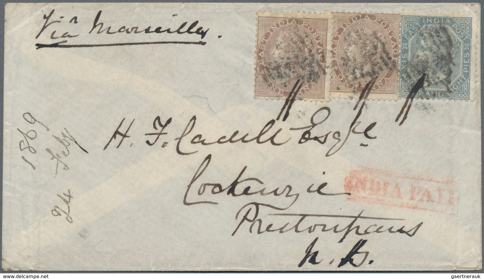 Indien: 1869 East India 6a.8p. Slate Used Along With Two Singles 1a. Pale Brown On Cover From Mhow T - Autres & Non Classés