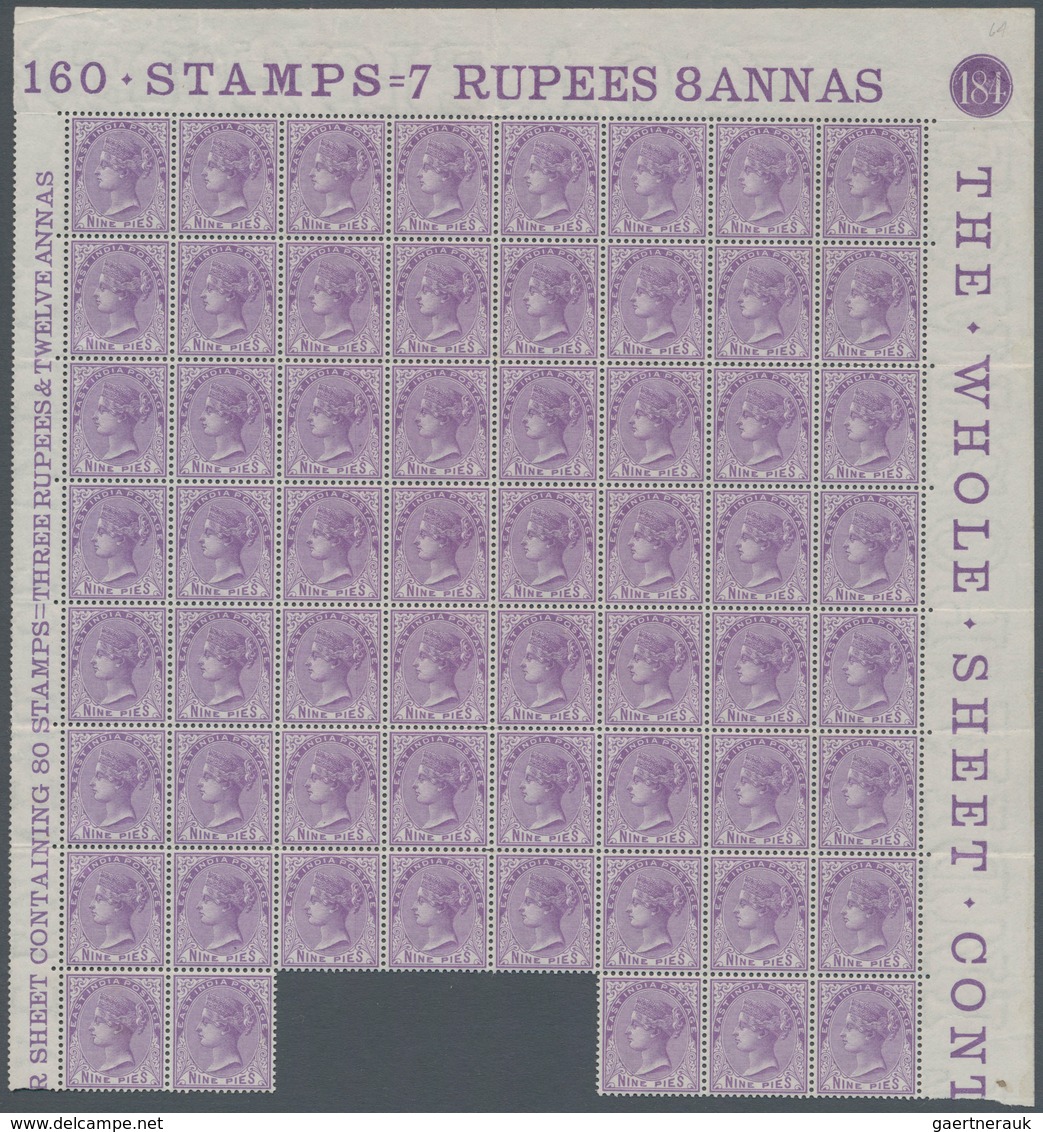 Indien: 1874 QV 9p. Pale Mauve, Part Sheet Of 61 Stamps, Sheet Margins At Top And Right With Inscr. - Sonstige & Ohne Zuordnung