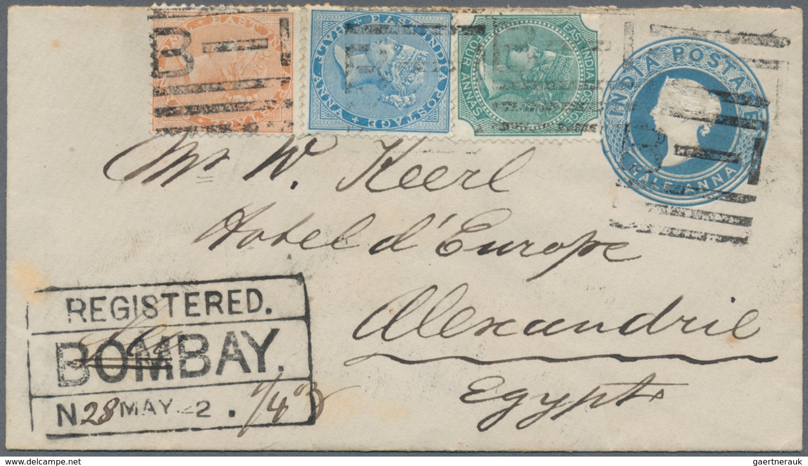 Indien: 1880 Postal Stationery Envelope ½a. Blue Used Registered From Bombay To 'Hotel D'Europe' In - Autres & Non Classés