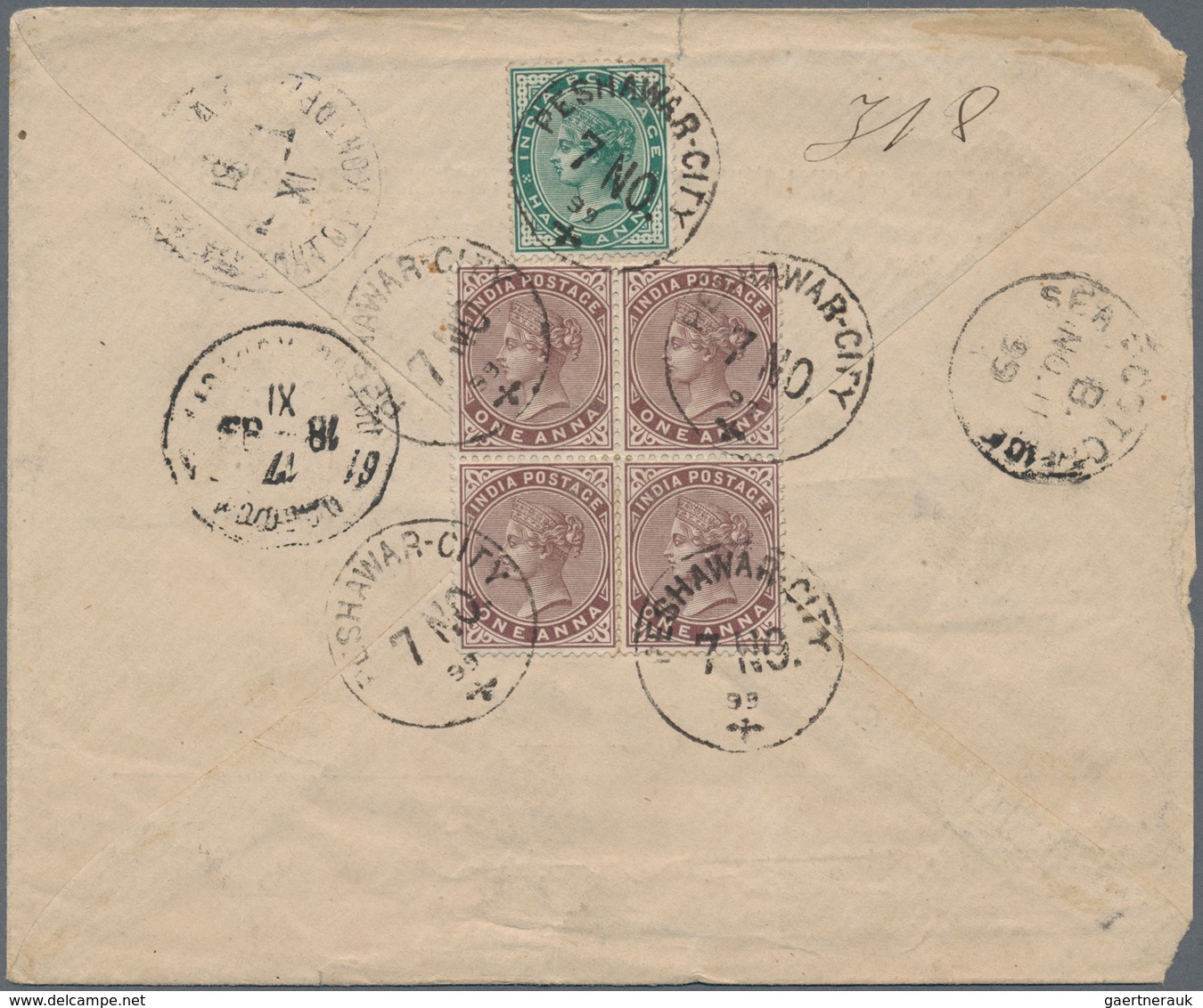 Indien: 1899 Registered Cover From Peshawar To Bukhara Via Aden, Suez And Odessa, Franked On Back By - Sonstige & Ohne Zuordnung