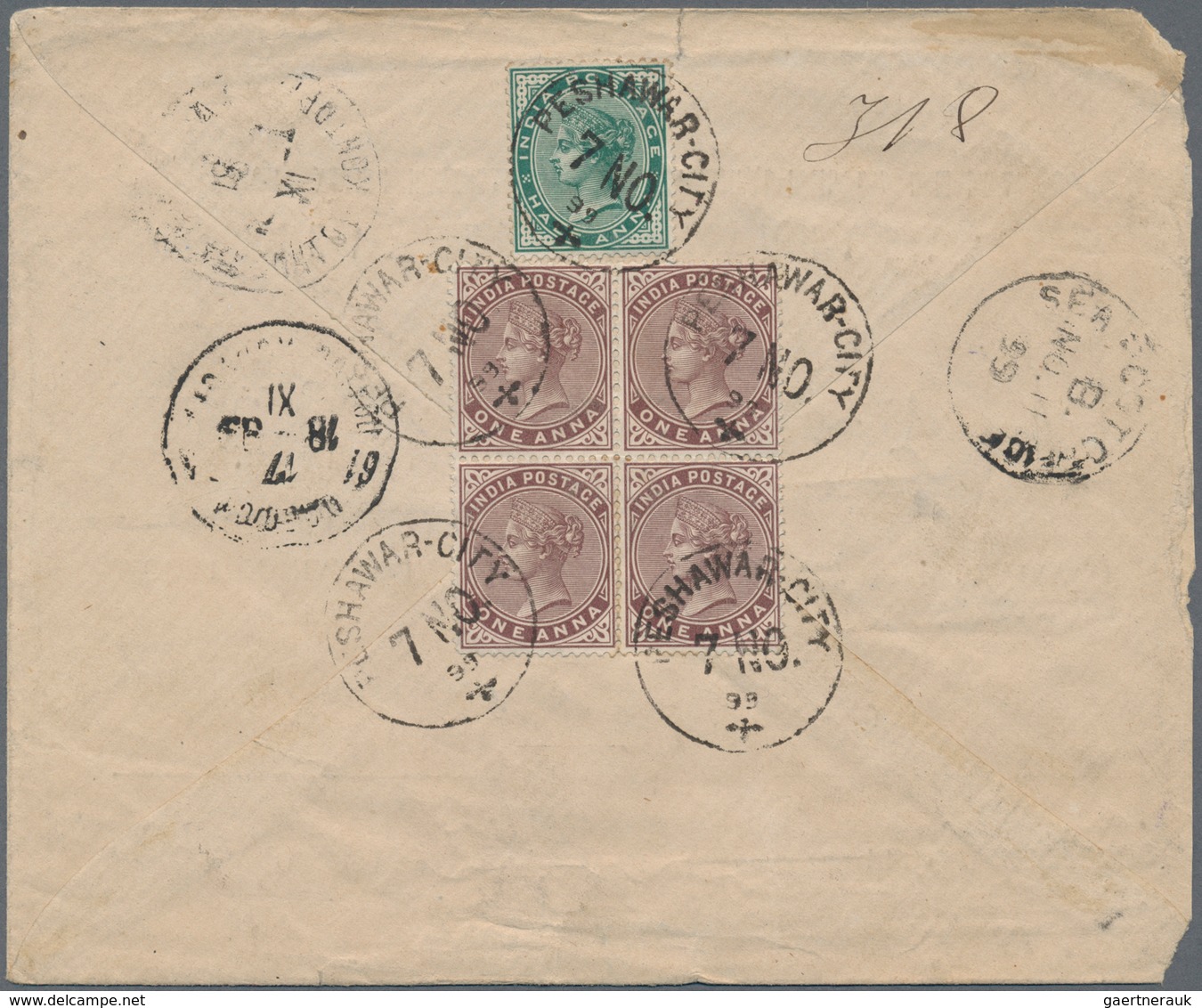 Indien: 1899 Registered Cover From Peshawar To Bukhara Via Aden, Suez And Odessa, Franked On Back By - Other & Unclassified