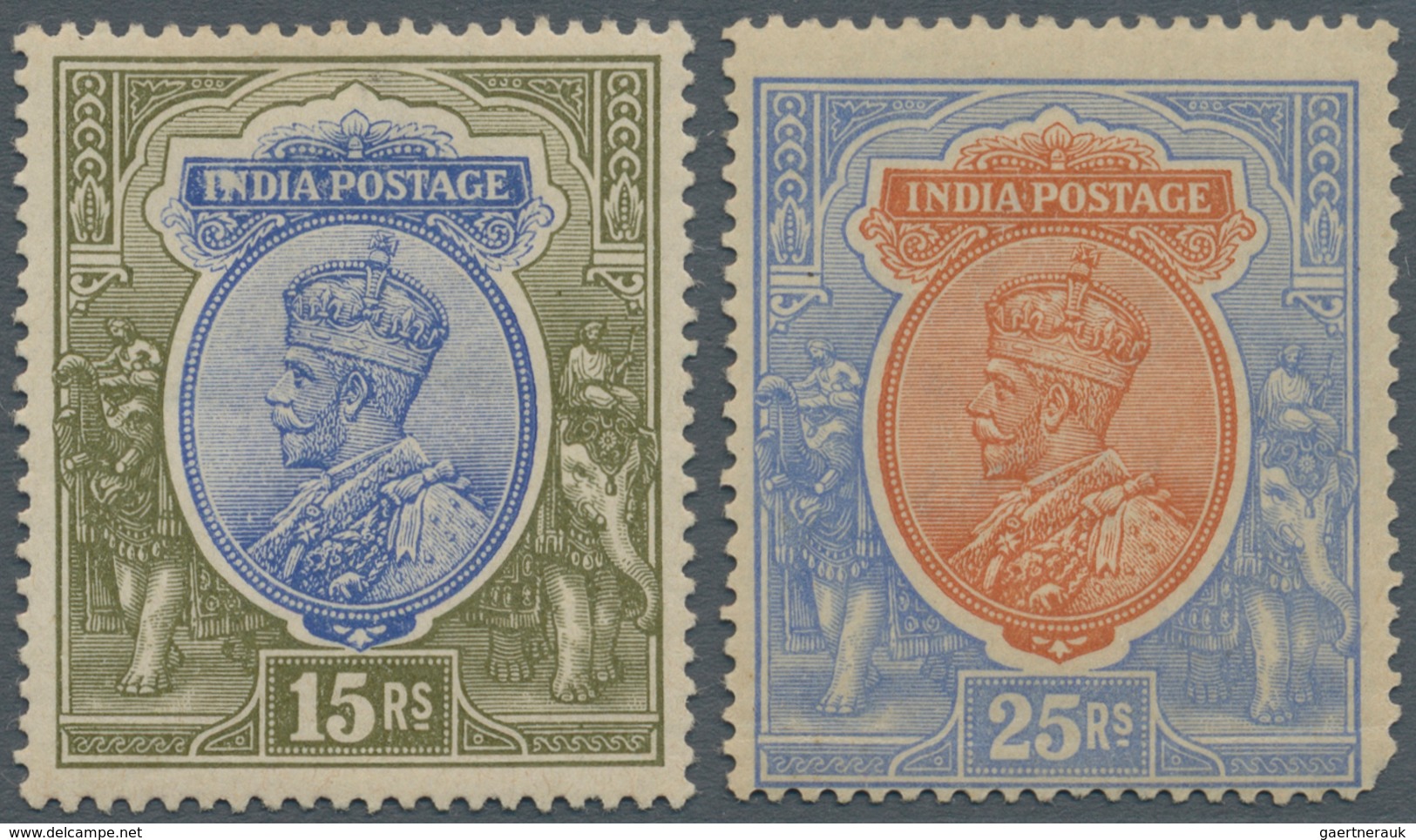 Indien: 1911-23 KGV. 15r. Blue & Olive And 25r. Orange & Blue Both Mint Lightly Hinged. The 25r. Wit - Other & Unclassified