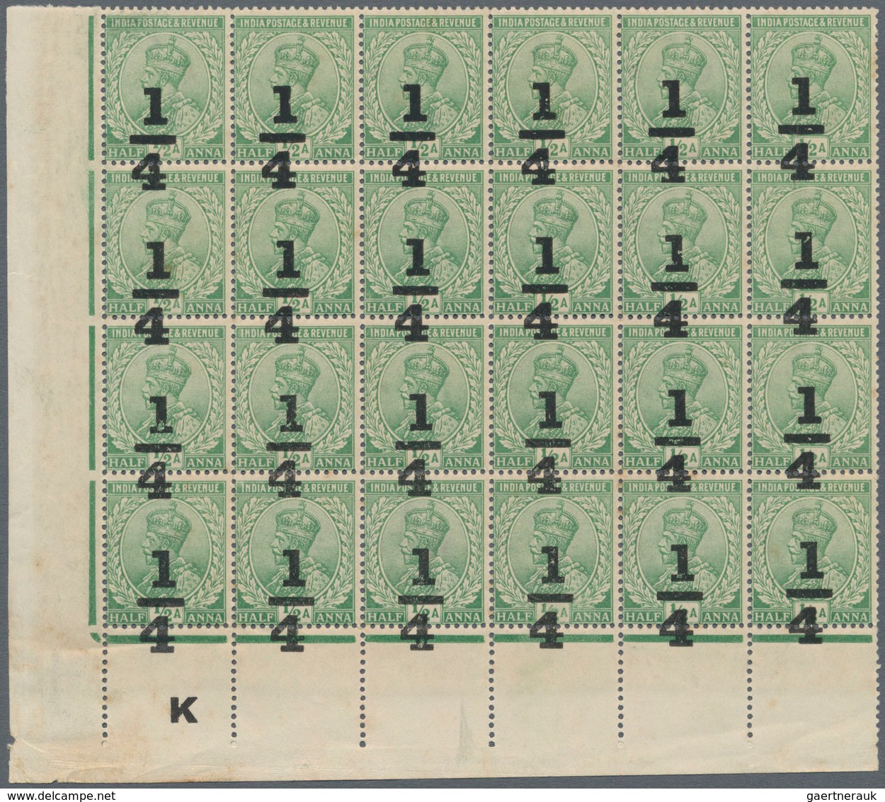 Indien: 1922 KGV. ¼ On ½a. Green, Bottom Left Corner Block Of 28 With OVERPRINT INVERTED, Plus Botto - Sonstige & Ohne Zuordnung