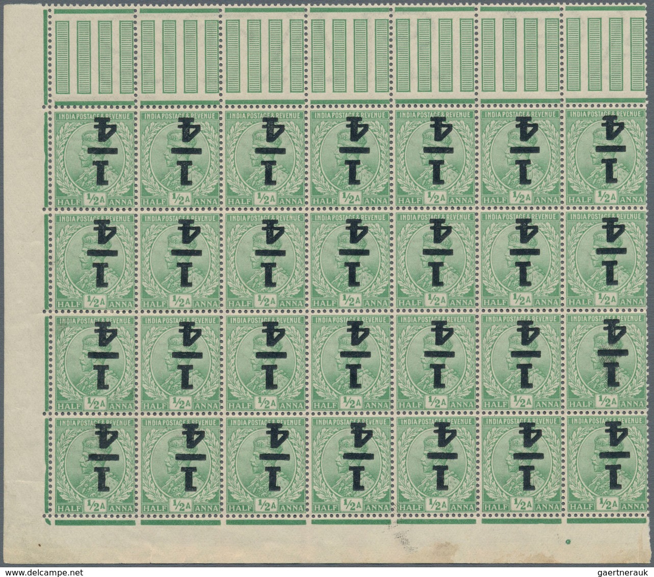 Indien: 1922 KGV. ¼ On ½a. Green, Bottom Left Corner Block Of 28 With OVERPRINT INVERTED, Plus Botto - Other & Unclassified