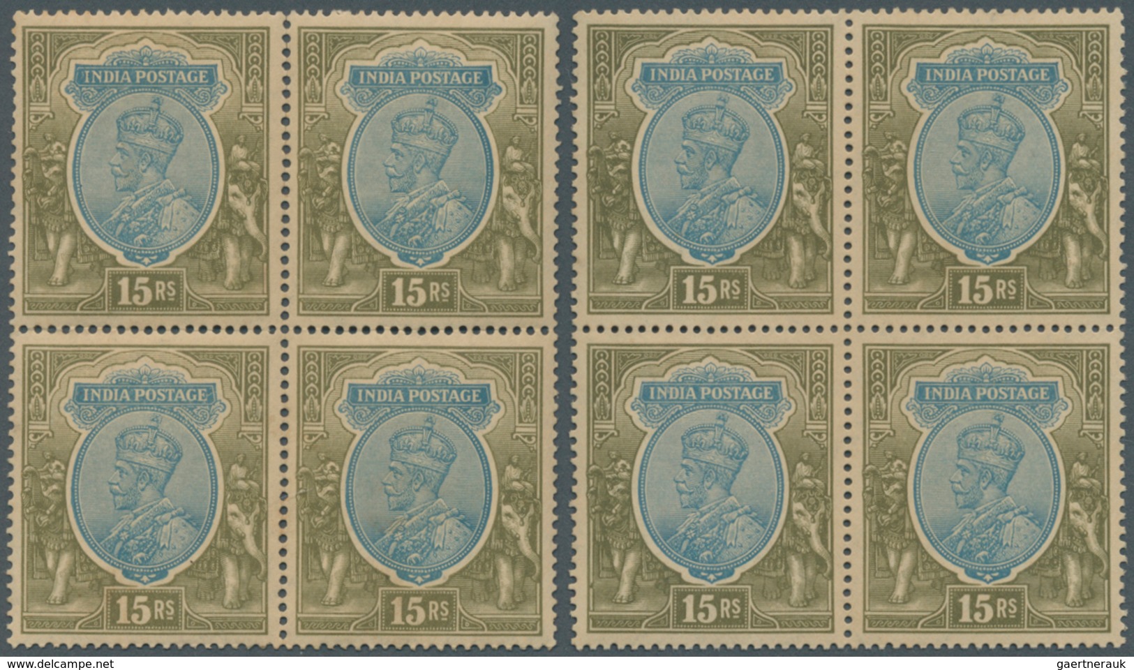 Indien: 1926-33 KGV. 15r. Blue & Olive Two Blocks Of Four, One With Wmk Mult Star Upright, The Other - Sonstige & Ohne Zuordnung