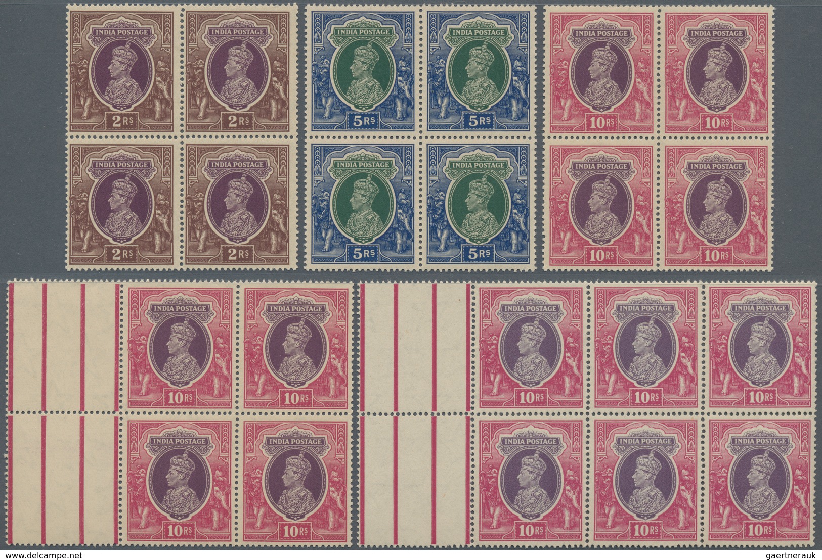 Indien: 1937-40 KGVI. Rupee Values In Multiples, With Blocks Of Four Of 2r., 5r. And 10r., Plus Bloc - Other & Unclassified